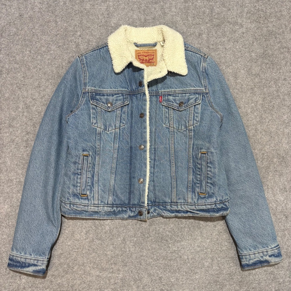 Levis Mens Sherpa Lined Denim Trucker Jacket Medium Wash Blue Size M